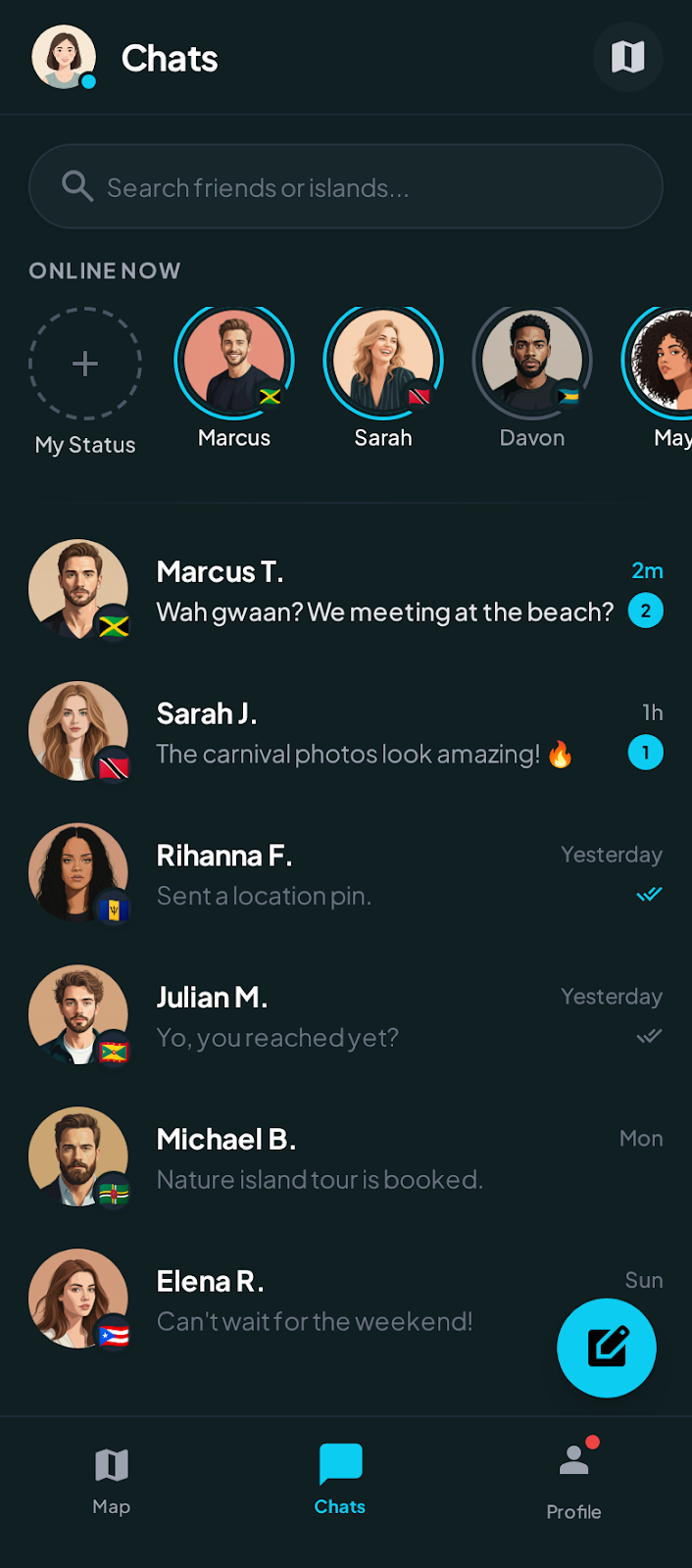 Region Chat chats list with territory flags